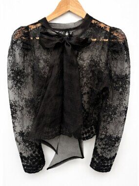 Black Whimsigoth Sheer Lace Blouse with Tie Neck Detail